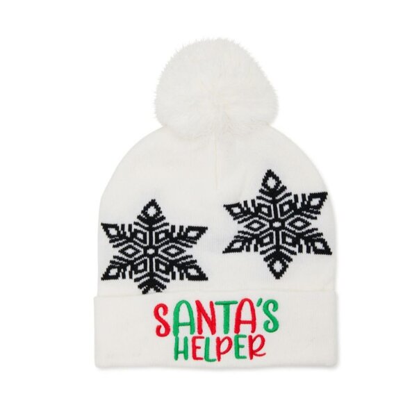 Holiday Time Womens Santas Helper Pom Pom Knit Beanie Hat Winter White - Picture 2 of 7